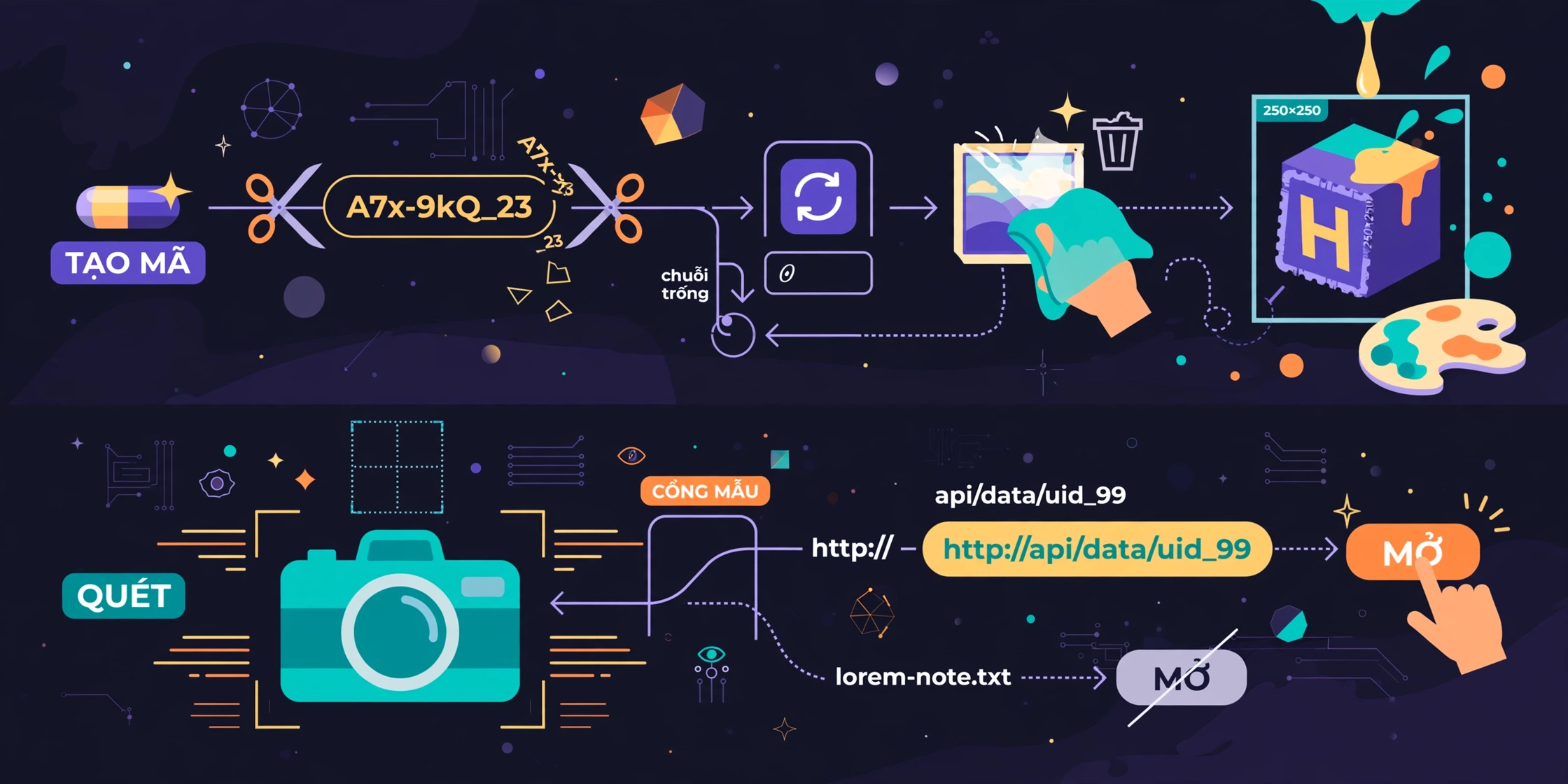 Cách công cụ tạo và quét mã QR xử lý nội dung: bỏ khoảng trắng ngoài cùng, dừng khi rỗng, dựng hình ở mức sửa lỗi H cố định và chỉ hiện nút mở liên kết khi chuỗi khớp mẫu địa chỉ web