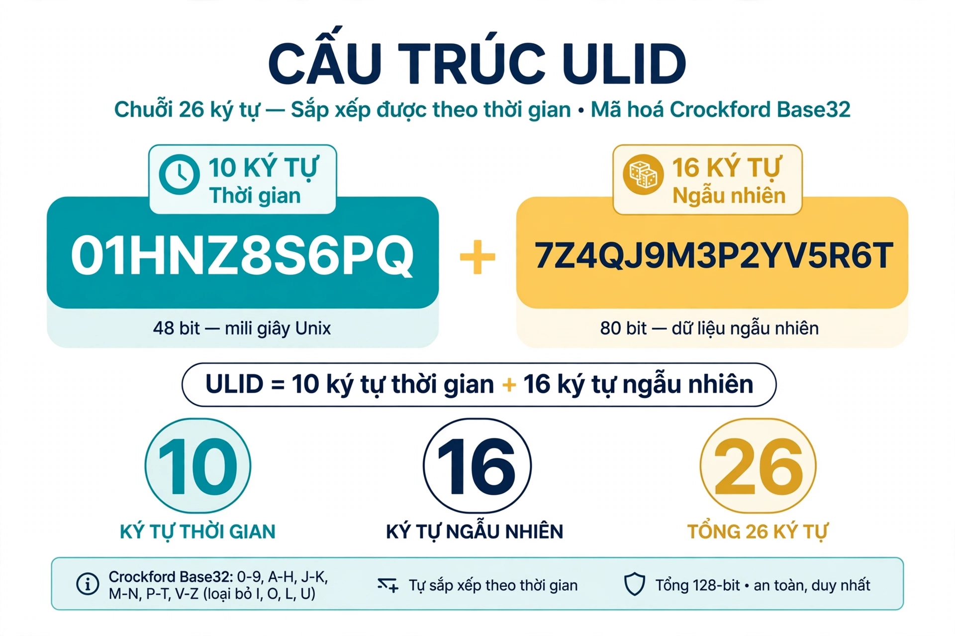 Cấu trúc ULID gồm 10 ký tự thời gian tương ứng 48 bit mili giây Unix cộng 16 ký tự ngẫu nhiên tương ứng 80 bit, tổng 26 ký tự và 128 bit mã hóa Crockford Base32