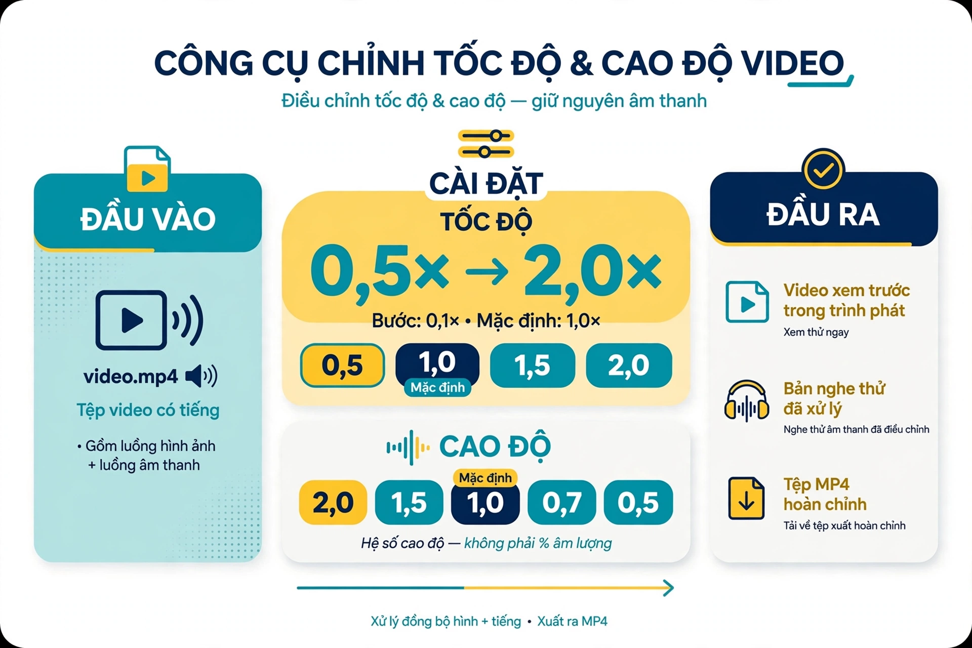 Đầu vào là một tệp video có tiếng với tốc độ từ 0,5 lần đến 2,0 lần bước chọn 0,1 lần và mặc định 1,0 lần, hệ số cao độ gồm 2,0; 1,5; 1,0; 0,7 và 0,5 với mặc định 1,0; cần phân biệt ba dạng kết quả là video xem trước trong trình phát, bản nghe thử đã xử lý và tệp MP4 hoàn chỉnh