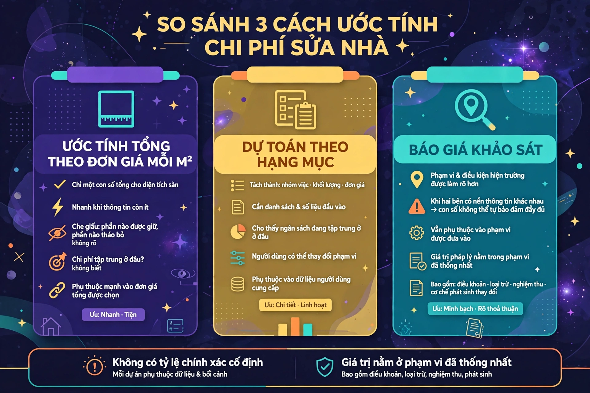 Bảng phân biệt ước tính tổng quát theo diện tích, dự toán cộng chi phí theo công việc cụ thể và báo giá gắn với khảo sát cùng phạm vi hợp đồng, trong đó giá trị của báo giá nằm ở phạm vi được thống nhất chứ không chỉ ở tổng tiền