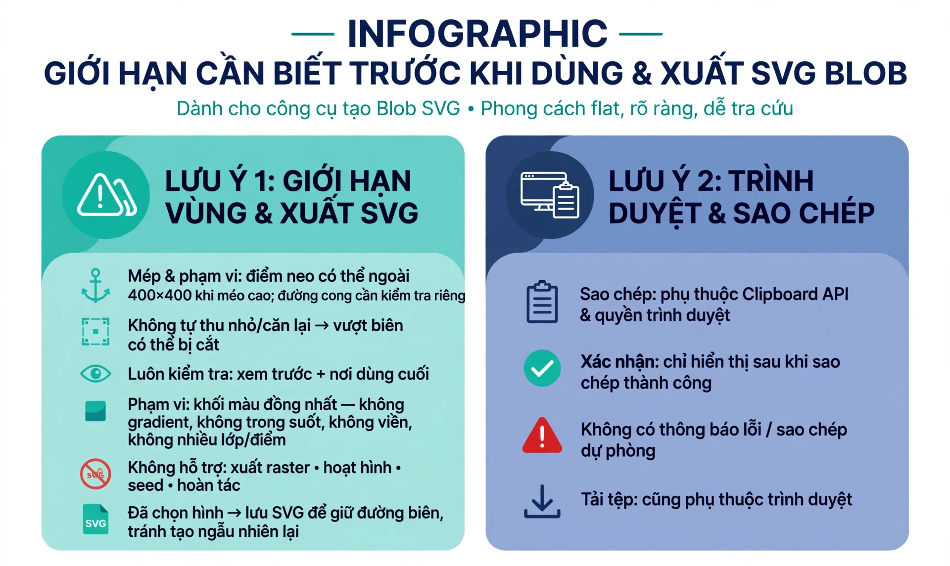 Giới hạn của Blob SVG gồm ở độ méo cao điểm neo có thể nằm ngoài vùng tọa độ 400 nhân 400 và đường cong cũng cần được kiểm tra riêng, mã không có bước tự thu nhỏ hoặc căn lại để bảo đảm toàn bộ hình nằm vừa vùng này, tùy cách hiển thị phần vượt biên có thể bị cắt nên cần kiểm tra cả bản xem trước lẫn nơi sử dụng cuối cùng; phạm vi hiện có là một khối màu đồng nhất, không có điều khiển gradient, độ trong suốt, nét viền, nhiều lớp hoặc từng điểm, phần triển khai cũng không cung cấp xuất ảnh raster, xuất hoạt hình, lựa chọn seed để tái tạo hình hay hoàn tác, nếu đã chọn được hình lưu SVG là cách giữ lại đường biên thay vì trông chờ tạo ngẫu nhiên lại; sao chép phụ thuộc Clipboard API và quyền của trình duyệt, mã hiển thị xác nhận sau khi sao chép hoàn tất nhưng không cung cấp thông báo lỗi hoặc phương án sao chép dự phòng và việc tải tệp cũng phụ thuộc trình duyệt