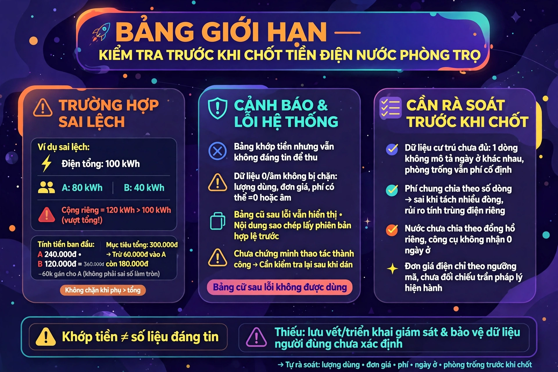 Giới hạn khi chia tiền điện nước: công tơ phụ vượt tổng, dữ liệu cư trú và kết quả cũ sau lỗi