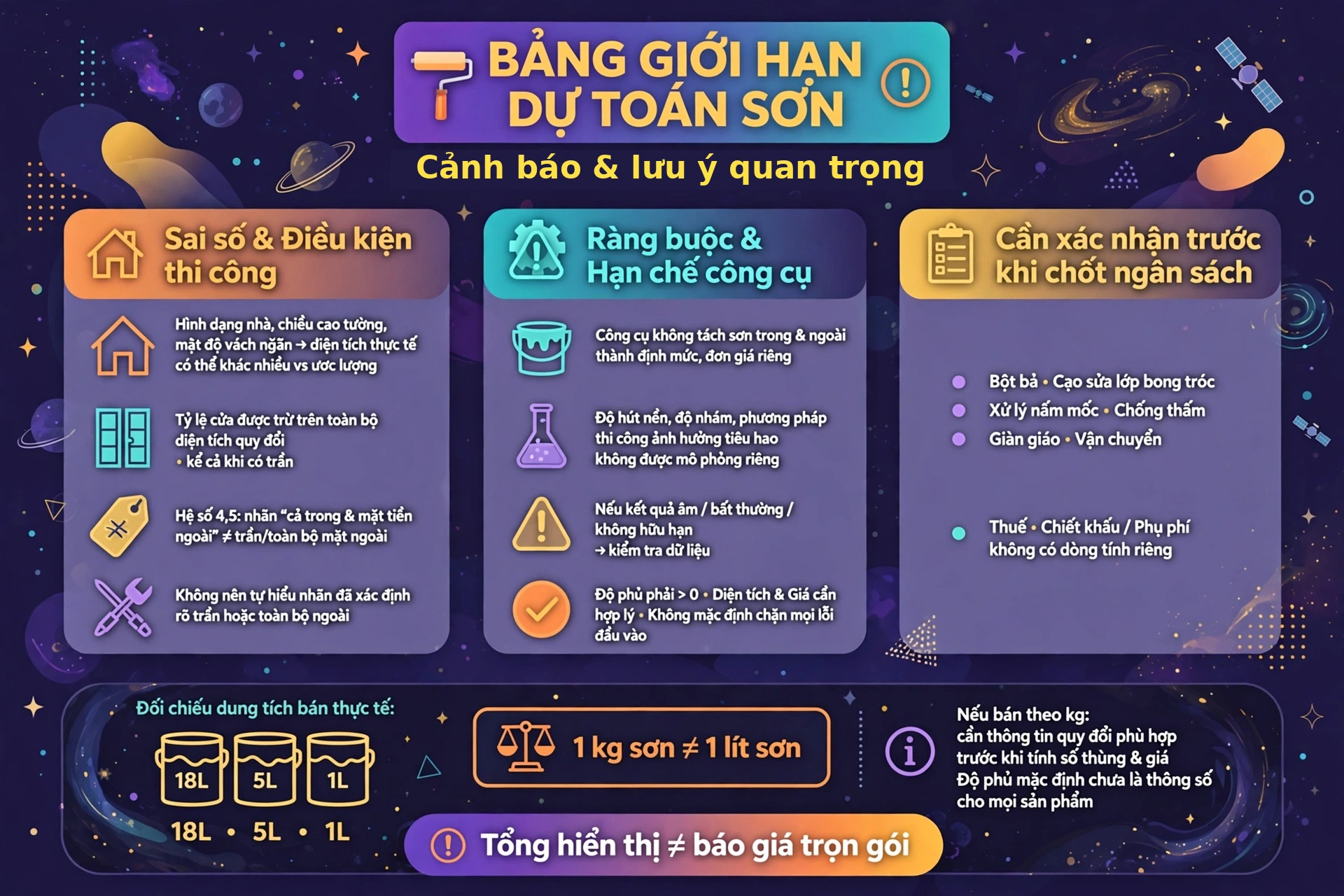 Minh họa giới hạn của công cụ tính sơn gồm tỷ lệ cửa trừ trên toàn bộ diện tích quy đổi kể cả phần trần, không tách định mức sơn trong và ngoài, và các khoản bột bả, cạo sửa lớp bong tróc, xử lý nấm mốc, chống thấm, giàn giáo, vận chuyển, thuế chưa có dòng tính riêng