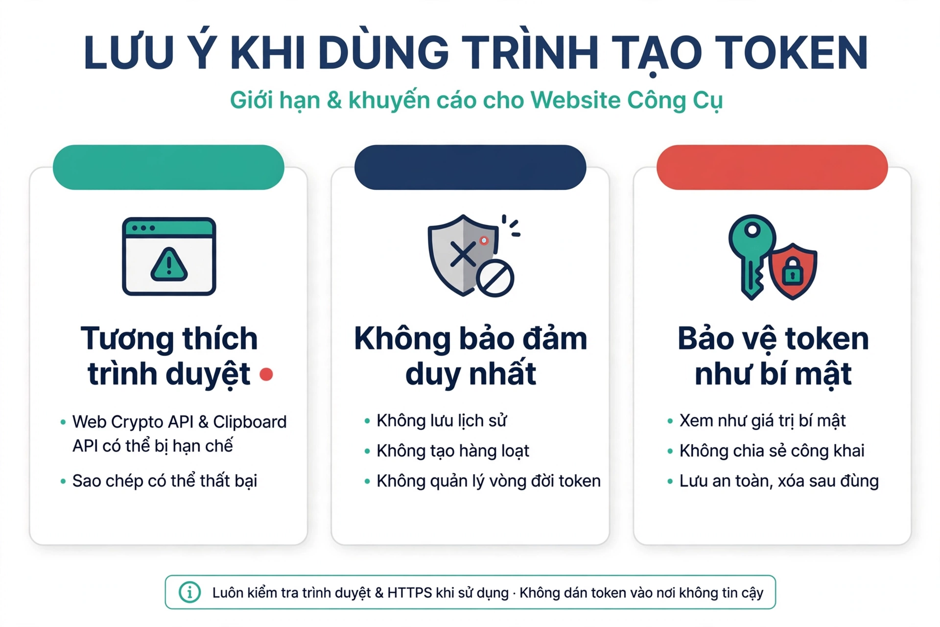 Giới hạn của trình tạo token gồm khả năng tương thích của Web Crypto API và Clipboard API trên trình duyệt, công cụ không lưu lịch sử hay tạo hàng loạt, và yêu cầu bảo vệ token sau khi tạo