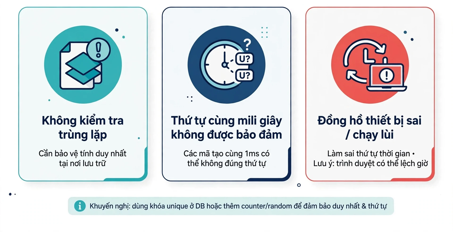 Ba giới hạn khi dùng ULID: công cụ không kiểm tra trùng lặp nên cần bảo vệ tính duy nhất tại nơi lưu trữ, thứ tự mã cùng mili giây không được bảo đảm, đồng hồ thiết bị sai hoặc chạy lùi làm sai thứ tự thời gian
