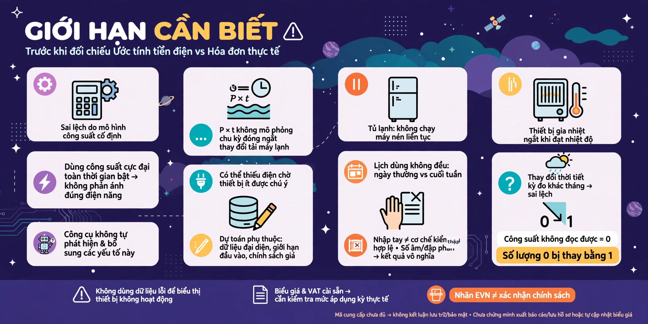 Giới hạn ước tính tiền điện: công suất cố định, biểu giá cài sẵn và lỗi nhập ít được kiểm tra