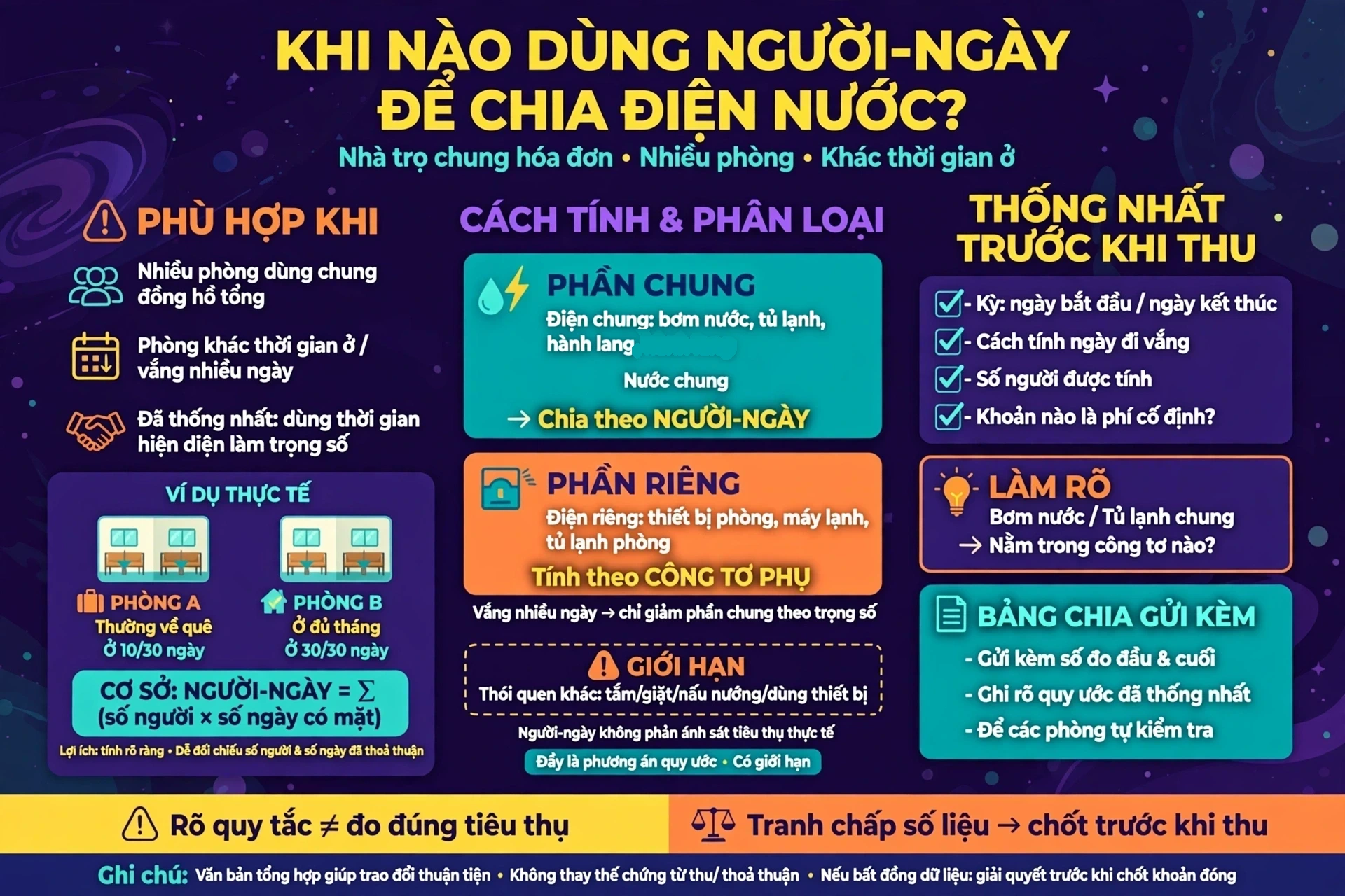 Khi nào cách chia tiền điện nước theo người-ngày phù hợp và cần thỏa thuận gì trước khi thu tiền?