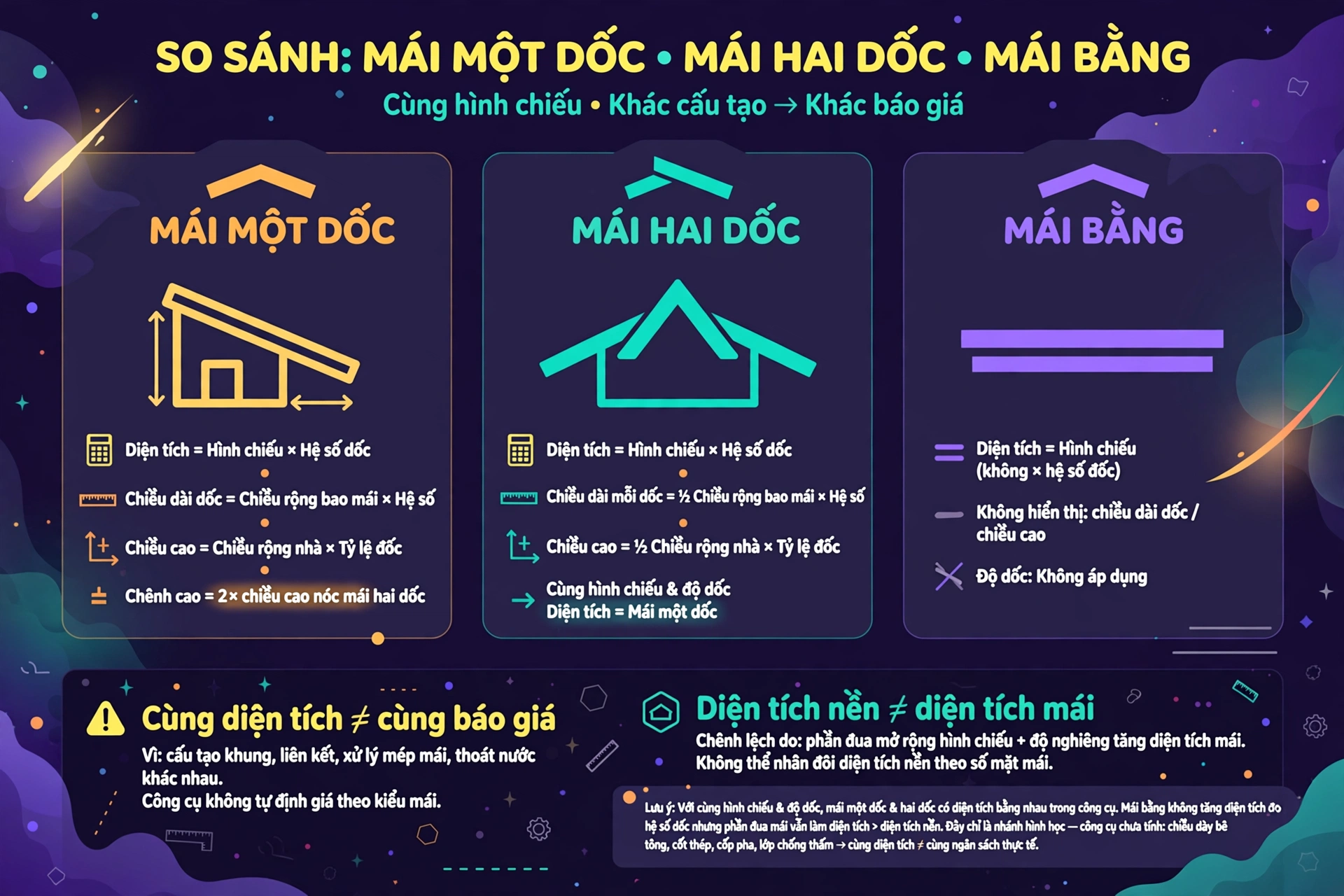 Bảng so sánh mái hai dốc, mái một dốc và mái bằng: hai kiểu dốc cùng bằng hình chiếu nhân hệ số, chênh cao mái một dốc gấp đôi chiều cao nóc mái hai dốc, mái bằng bằng hình chiếu và không hiển thị chiều dài mặt dốc hay chiều cao