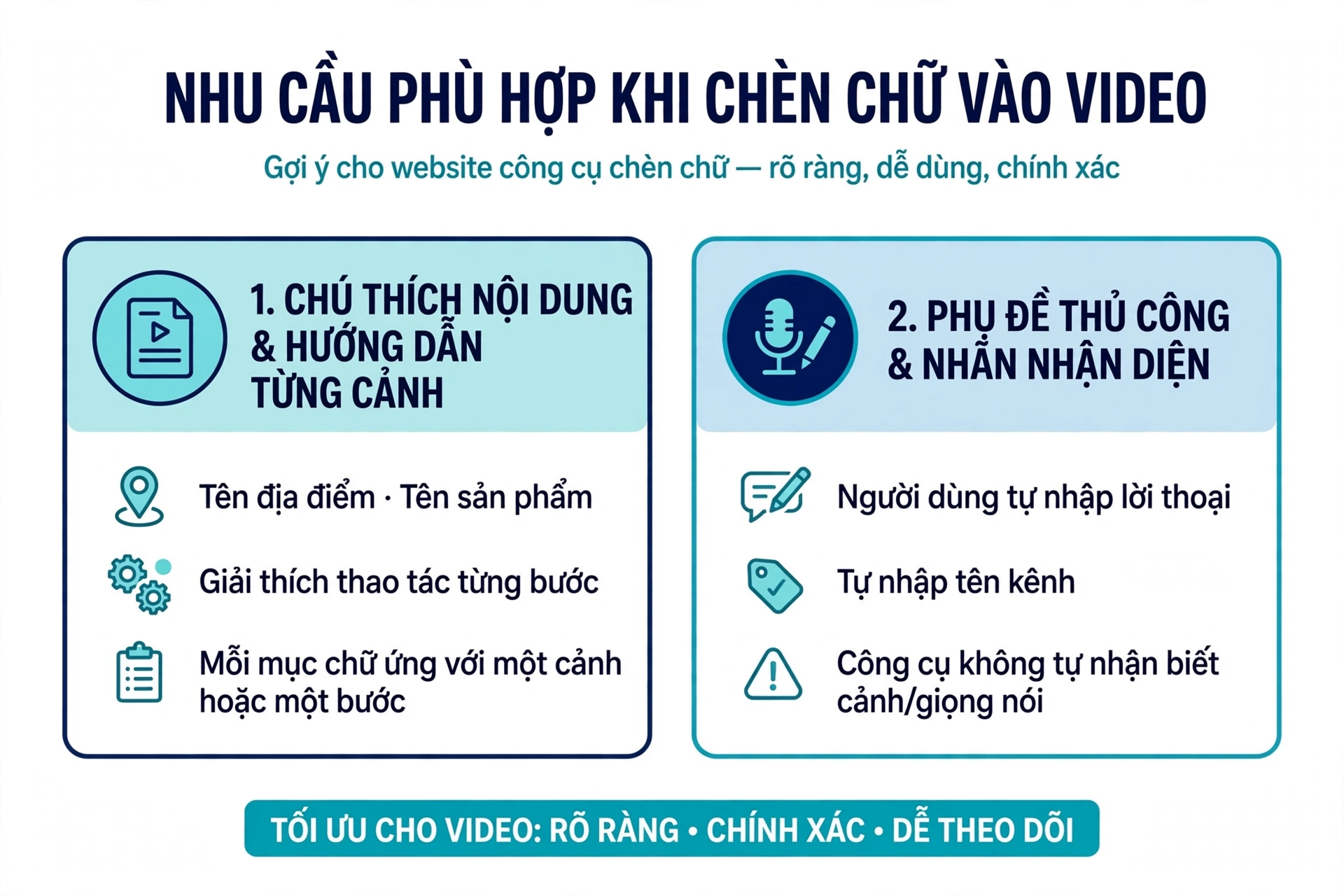Các nhu cầu phù hợp khi chèn chữ vào video gồm chú thích nội dung và hướng dẫn từng cảnh như tên địa điểm hay tên sản phẩm, cùng phụ đề thủ công và nhãn nhận diện như tên kênh do người dùng tự nhập