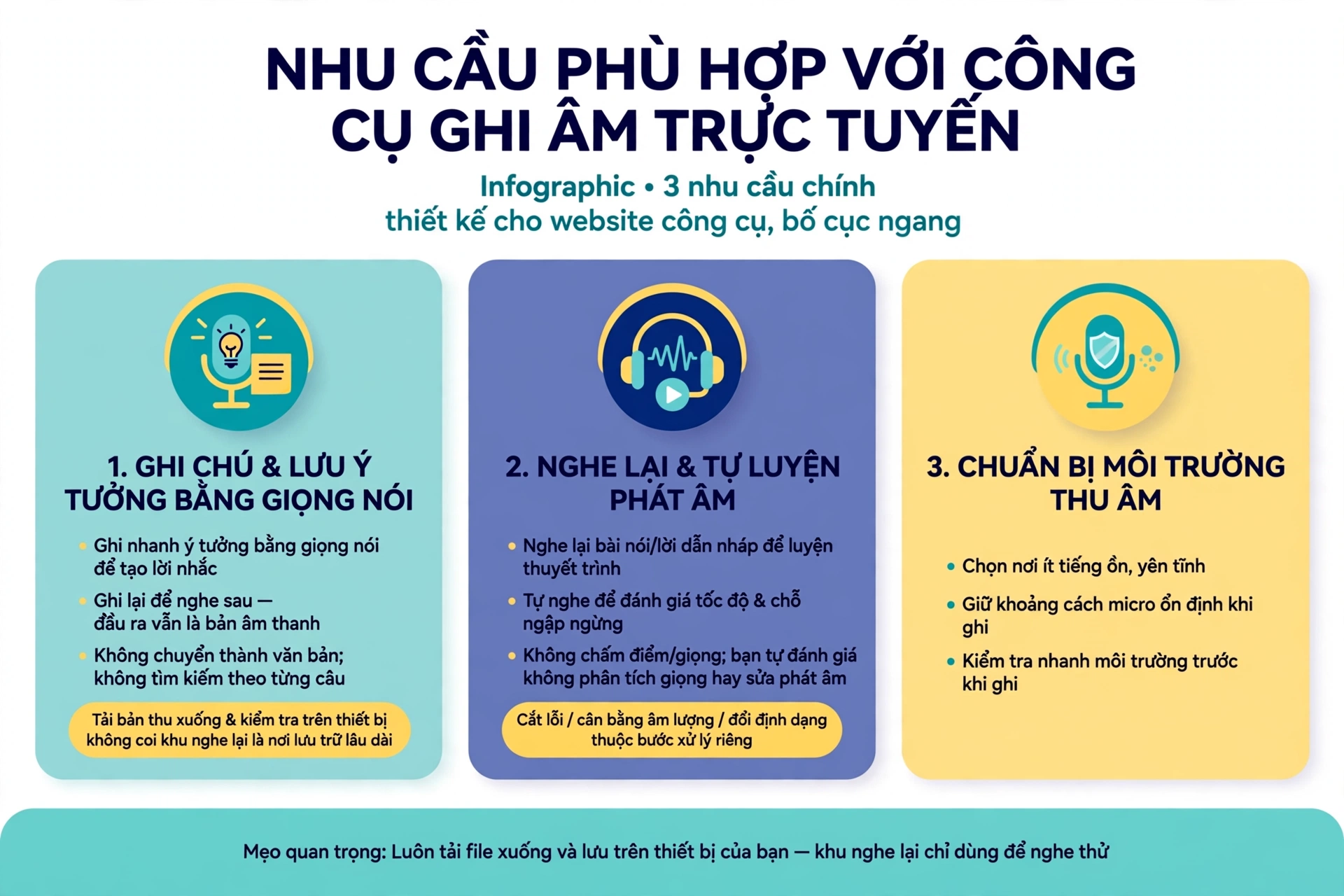 Các nhu cầu phù hợp với công cụ ghi âm gồm ghi chú và lưu ý tưởng bằng giọng nói để tạo lời nhắc, ghi lại ý tưởng hoặc nói nhanh một nội dung để nghe sau với đầu ra vẫn là bản âm thanh chứ không phải ghi chú văn bản có thể tìm kiếm theo từng câu và nếu nội dung cần dùng trong lần làm việc khác hãy tải bản thu xuống và kiểm tra tệp đã có trên thiết bị thay vì coi khu vực nghe lại là nơi lưu trữ lâu dài; nghe lại bài nói hoặc lời dẫn nháp cho người luyện phát âm, chuẩn bị thuyết trình hoặc viết lời dẫn thu thử rồi tự nghe cách nói, tốc độ và những chỗ ngập ngừng trong đó việc đánh giá do người nghe thực hiện vì công cụ không chấm điểm, phân tích giọng hay sửa phát âm; và chuẩn bị môi trường thu âm với thực hành chung là chọn nơi ít tiếng ồn và giữ khoảng cách microphone tương đối ổn định