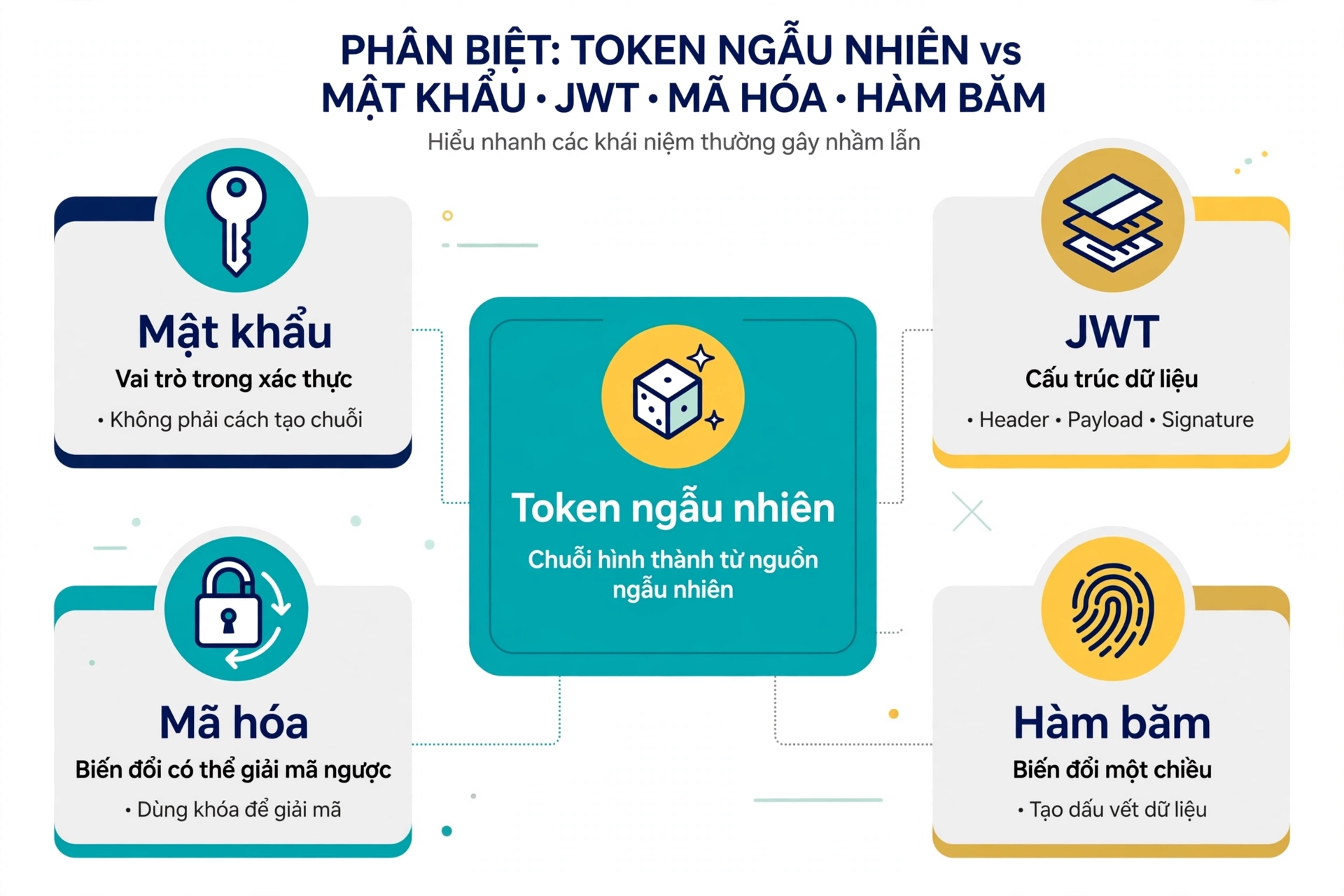 Phân biệt token ngẫu nhiên là cách hình thành chuỗi với mật khẩu là vai trò trong hệ thống xác thực, JWT là cấu trúc dữ liệu có chữ ký, mã hóa và hàm băm là các phép biến đổi dữ liệu khác nhau