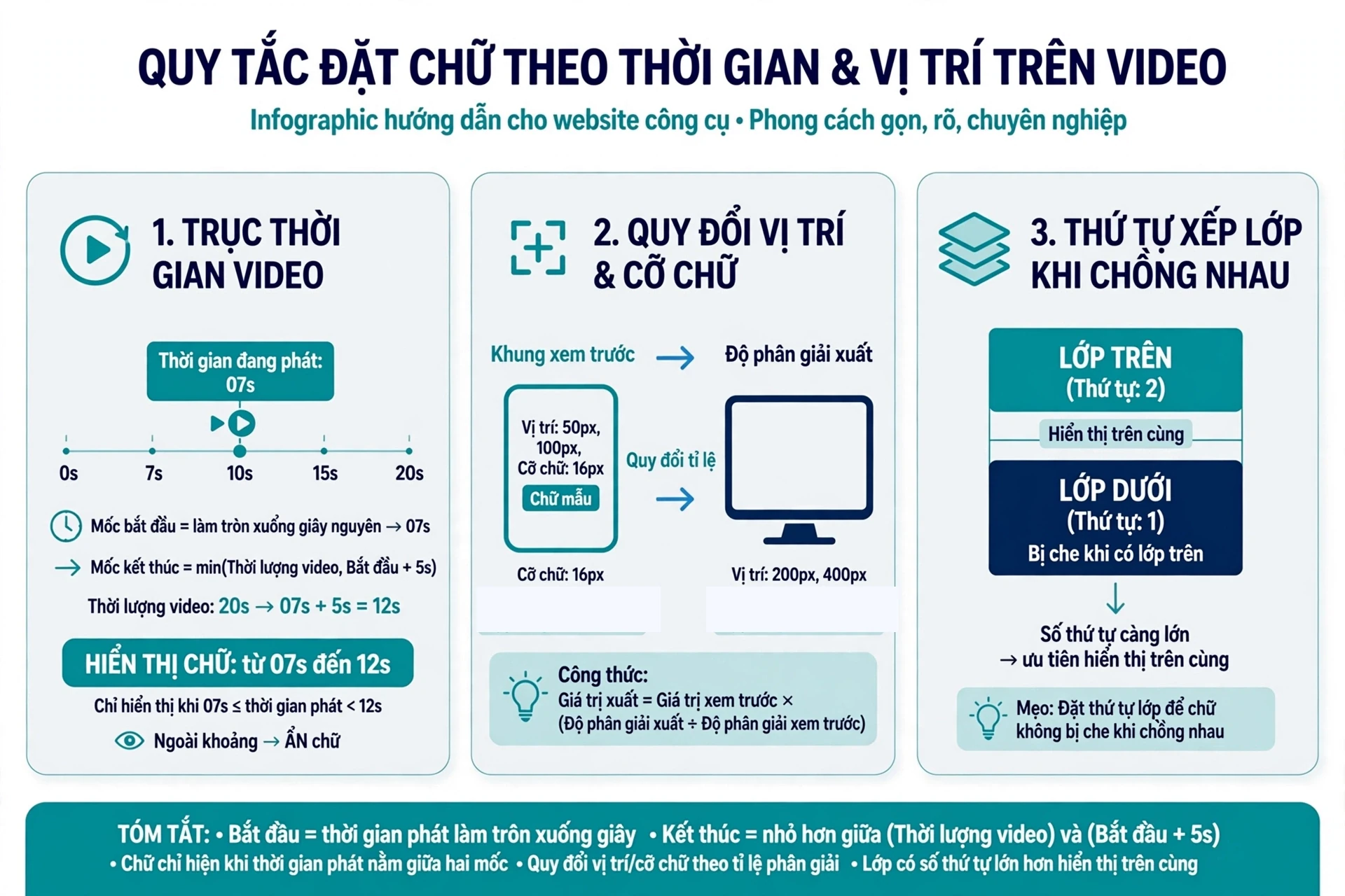 Quy tắc đặt chữ theo thời gian: mục chữ mới lấy mốc bắt đầu là thời gian đang phát làm tròn xuống giây nguyên, mốc kết thúc là giá trị nhỏ hơn giữa phần nguyên thời lượng video và mốc bắt đầu cộng 5 giây, chữ hiện khi thời gian phát nằm giữa hai mốc