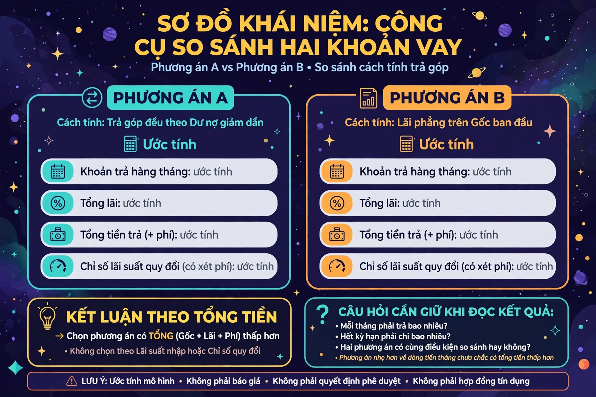 Sơ đồ khái niệm công cụ so sánh hai khoản vay: hai phương án A và B được đặt tên riêng, mỗi khoản chọn cách tính trả góp đều theo dư nợ giảm dần hoặc lãi phẳng trên gốc ban đầu, công cụ tính khoản trả tháng, tổng lãi, tổng tiền trả cộng phí và chỉ số lãi suất quy đổi có xét phí, và kết luận rẻ hơn dựa trên tổng gốc cộng lãi cộng phí ban đầu chứ không dựa trực tiếp vào lãi suất đã nhập; kết quả là ước tính theo mô hình, không phải báo giá hay quyết định phê duyệt
