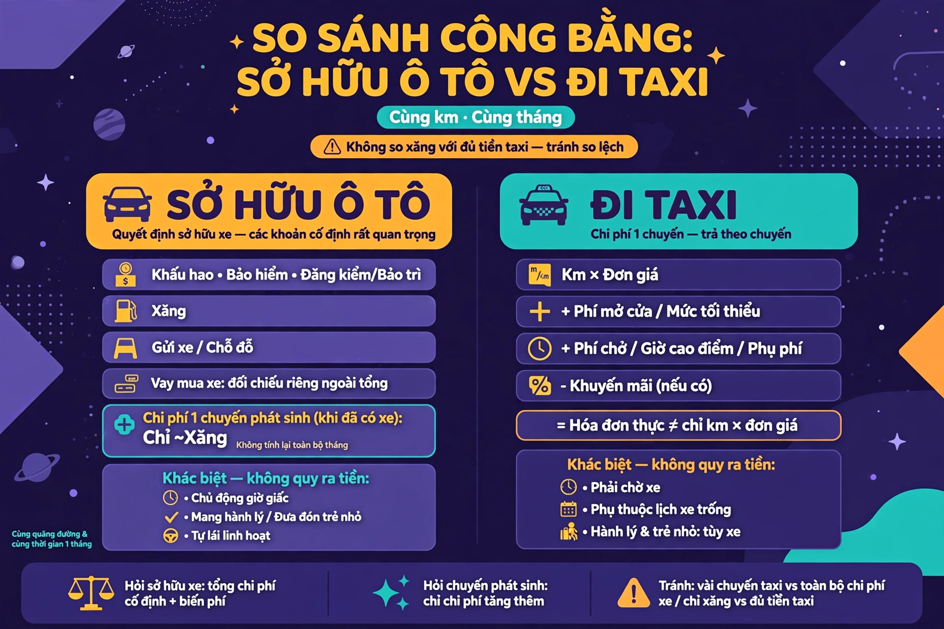 So sánh công bằng giữa sở hữu ô tô và đi taxi: cùng quãng đường, cùng một tháng