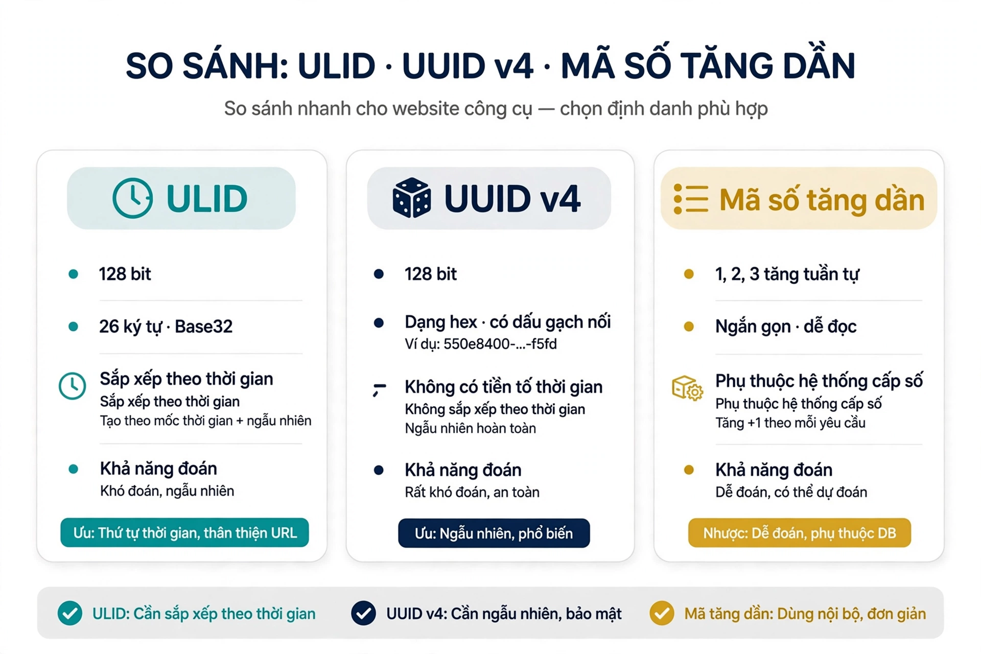 Bảng so sánh ULID 128 bit dạng 26 ký tự Base32 sắp xếp theo thời gian, UUID v4 128 bit dạng thập lục phân có dấu gạch nối không có tiền tố thời gian, và mã số tăng dần tuần tự dễ đoán phụ thuộc hệ thống cấp số