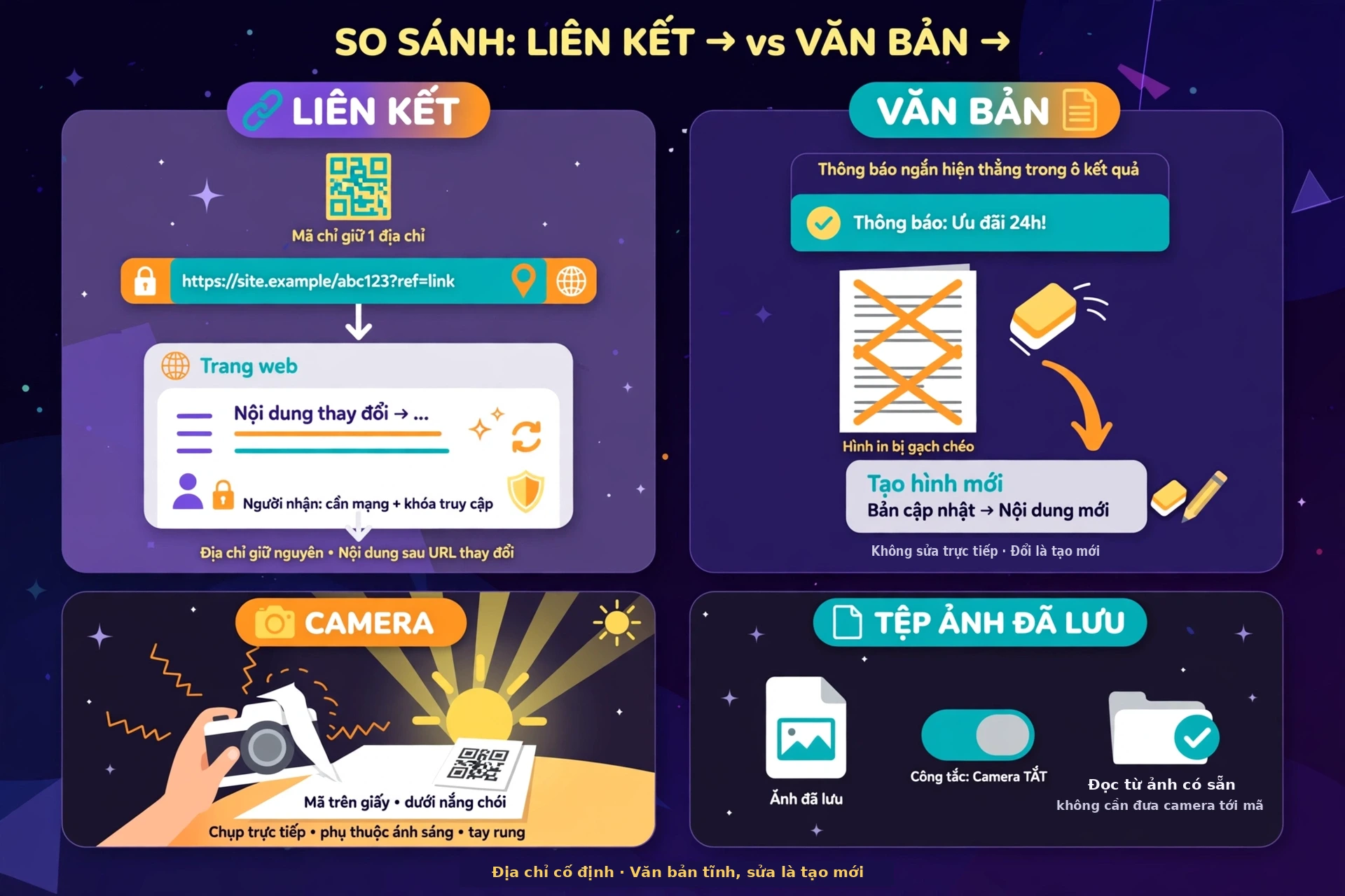So sánh tạo QR cho liên kết và cho văn bản trực tiếp, quét bằng camera và bằng tệp ảnh đã lưu: văn bản muốn sửa phải tạo hình mới, camera phụ thuộc ánh sáng và độ nét