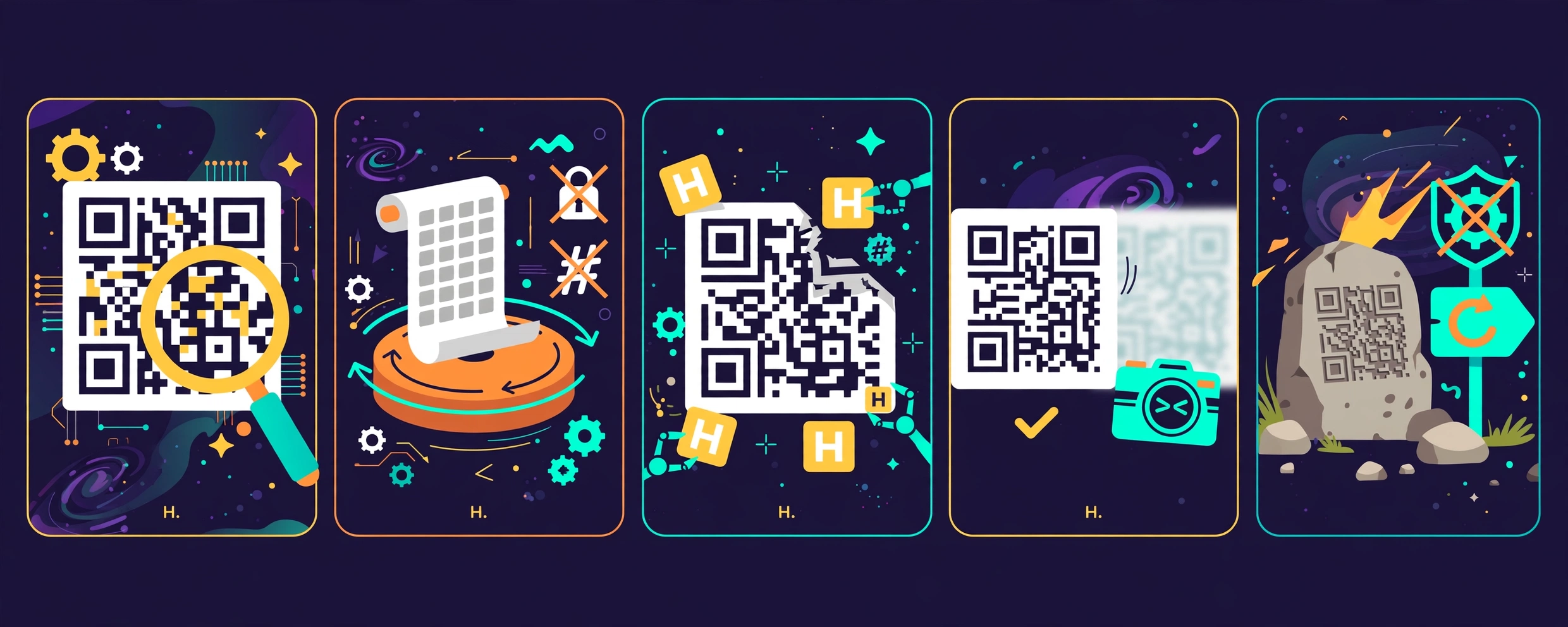 Năm thuật ngữ khi tạo và quét mã QR: mã QR là hệ ô sáng tối hai chiều, mã hóa dữ liệu không phải bảo mật bằng khóa, mức sửa lỗi H, độ tương phản giữa mã và nền, QR tĩnh khác QR động
