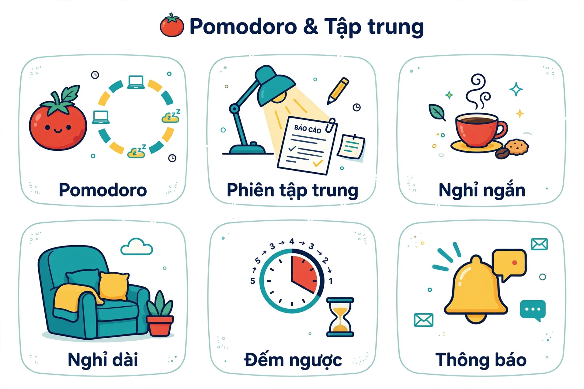 Các thuật ngữ cần hiểu khi dùng đồng hồ Pomodoro gồm Pomodoro là cách tổ chức công việc theo các phiên tập trung có khoảng nghỉ xen kẽ, vai trò của phương pháp là tạo ranh giới thời gian để người dùng biết lúc nào làm và lúc nào dừng, trong công cụ này, phiên 25 phút tương ứng với cách dùng phổ biến, còn 45 và 60 phút là những lựa chọn bổ sung, không nên nhầm Pomodoro với một lịch tự động khi đồng hồ không tự phân chia nhiệm vụ hay theo dõi đủ số phiên để quyết định nghỉ dài; phiên tập trung là khoảng thời gian bạn dành cho một nhiệm vụ đã chọn, chẳng hạn đọc tài liệu hoặc viết một phần báo cáo, công cụ cung cấp ba mức 25, 45 và 60 phút để theo dõi khoảng đó, Deep Focus và Hardcore chỉ là tên của các chế độ thời lượng dài hơn, những nhãn này không chứng minh bạn tập trung sâu hơn, làm được nhiều hơn hoặc cần chọn phiên dài nhất để có kết quả tốt; nghỉ ngắn và nghỉ dài là các khoảng tạm rời công việc giữa những phiên tập trung, trong đồng hồ, chúng có thời lượng lần lượt là 5 và 15 phút, điểm khác biệt nằm ở thời lượng được nạp, không phải một đánh giá về mức mệt mỏi của người dùng, nghỉ dài phải được chọn thủ công, công cụ không tự đưa ra nghỉ dài sau bốn phiên, vì vậy việc quyết định thời điểm nghỉ vẫn cần được tổ chức riêng; đếm ngược là hiển thị thời gian còn lại và giảm dần số đó về không, nó khác với bấm giờ, vốn thường cho biết thời gian đã trôi qua kể từ lúc bắt đầu, ví dụ màn hình 04:59 có nghĩa là phiên còn 4 phút 59 giây theo bộ đếm, con số này không phải tổng thời gian bạn đã làm trong ngày, không phải số phút làm việc hiệu quả và không phản ánh phần trăm hoàn thành nhiệm vụ; thông báo trình duyệt là thông điệp mà trang web yêu cầu trình duyệt hiển thị, thường cần sự hỗ trợ của môi trường và quyền do người dùng cấp, trong công cụ, nó được dùng để báo phiên kết thúc khi đã có quyền phù hợp, thông báo này khác với âm báo và hộp cảnh báo trong trang, cấp quyền không biến đồng hồ thành báo thức độc lập, cũng không bảo đảm lời nhắc vẫn hoạt động sau khi đóng trang hoặc đóng trình duyệt