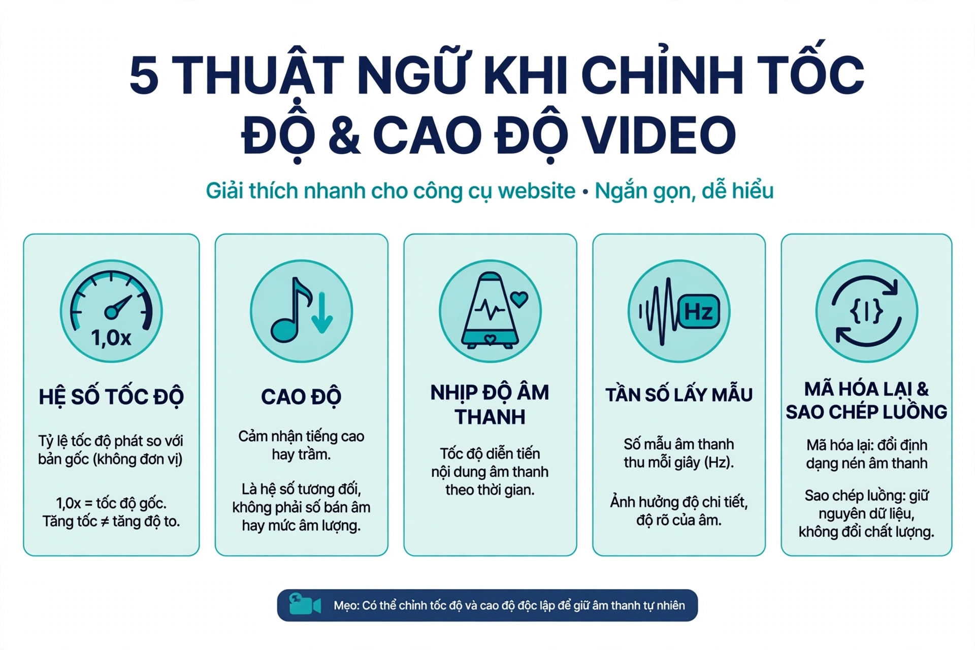 Năm thuật ngữ gồm hệ số tốc độ là tỷ lệ tốc độ phát so với bản gốc không có đơn vị với mức 1,0 lần là tốc độ ban đầu, cao độ là cảm nhận tiếng cao hay trầm được thể hiện bằng hệ số tương đối chứ không phải số bán âm hay mức âm lượng, cùng nhịp độ âm thanh, tần số lấy mẫu, mã hóa lại và sao chép luồng