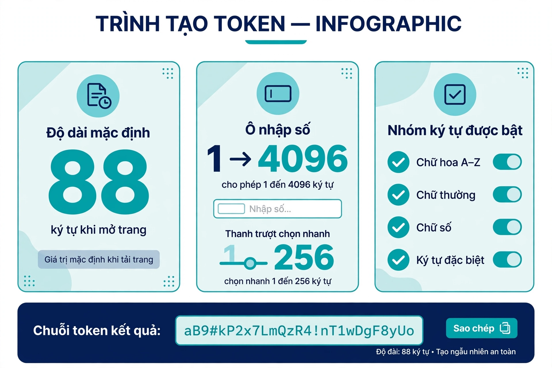 Đầu vào của trình tạo token gồm độ dài mặc định 88 ký tự khi mở trang, ô nhập số từ 1 đến 4096 ký tự, thanh trượt chọn nhanh 1 đến 256 và bốn nhóm ký tự chữ hoa, chữ thường, chữ số, ký tự đặc biệt