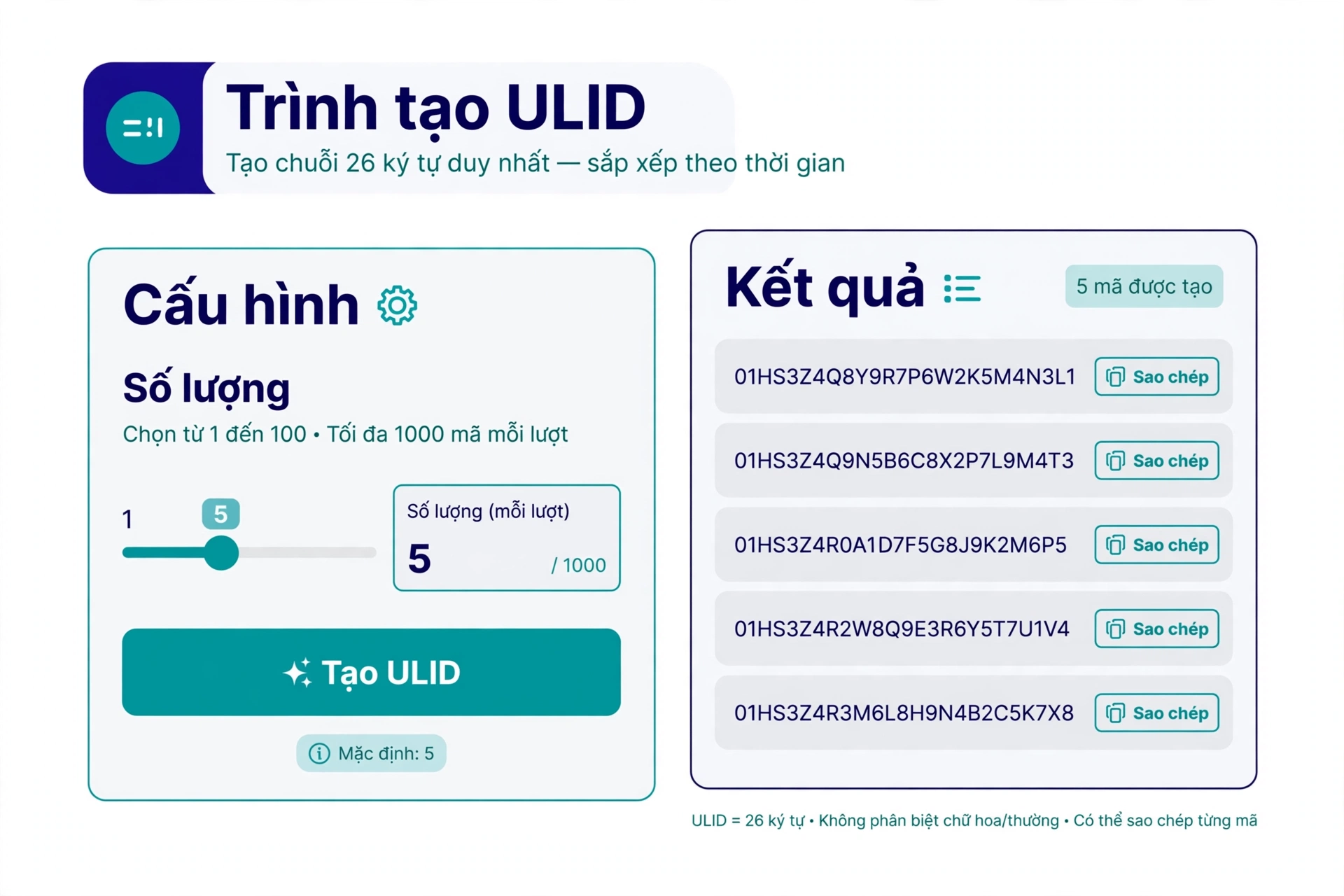 Giao diện trình tạo ULID với thanh trượt chọn số lượng từ 1 đến 100, ô nhập tối đa 1000 mã mỗi lượt, mặc định 5 mã và danh sách kết quả kèm nút sao chép từng mã