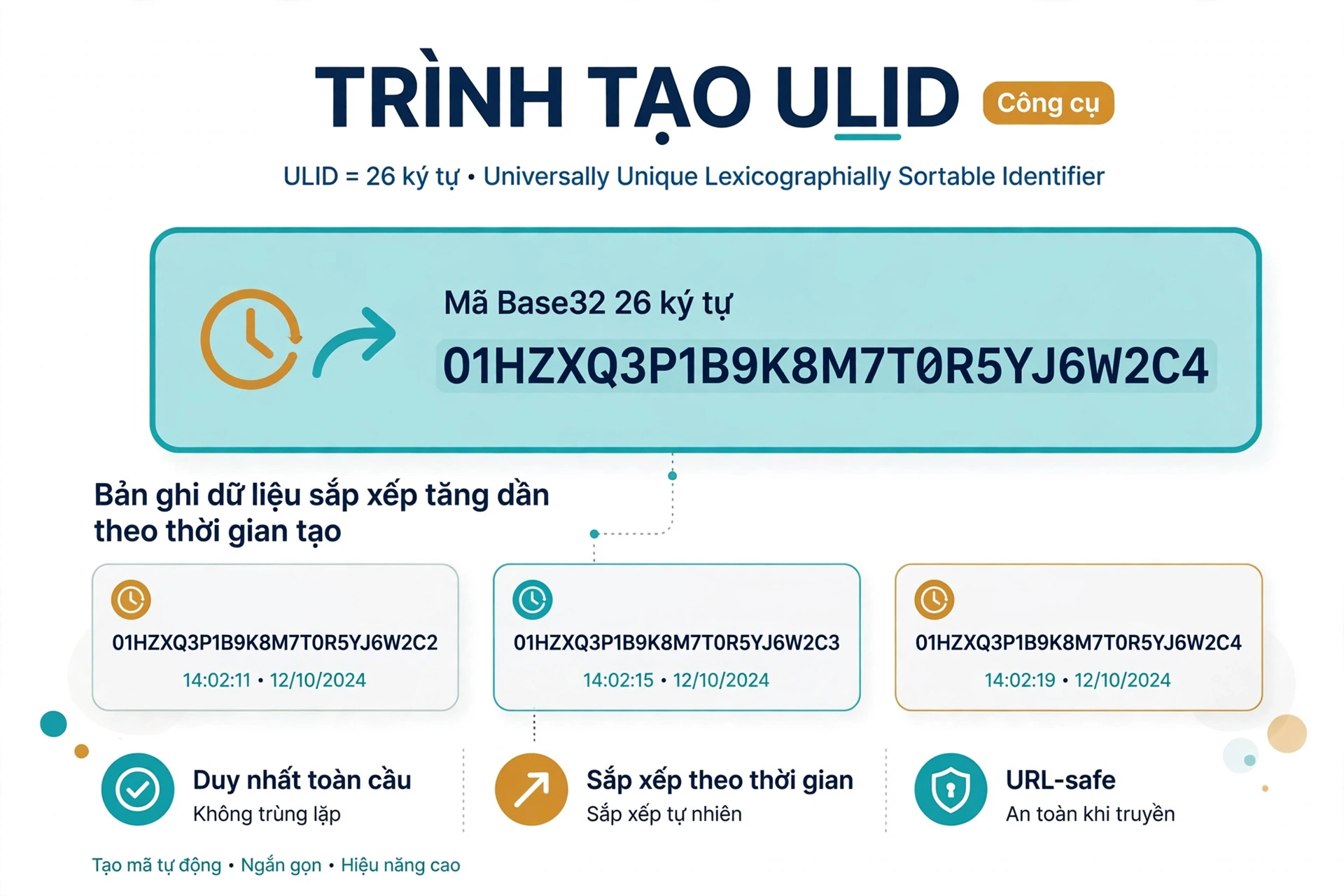 ULID là mã định danh 26 ký tự viết theo Crockford Base32, có thể sắp xếp theo thời gian tạo để các bản ghi dữ liệu tăng dần theo thứ tự thời gian