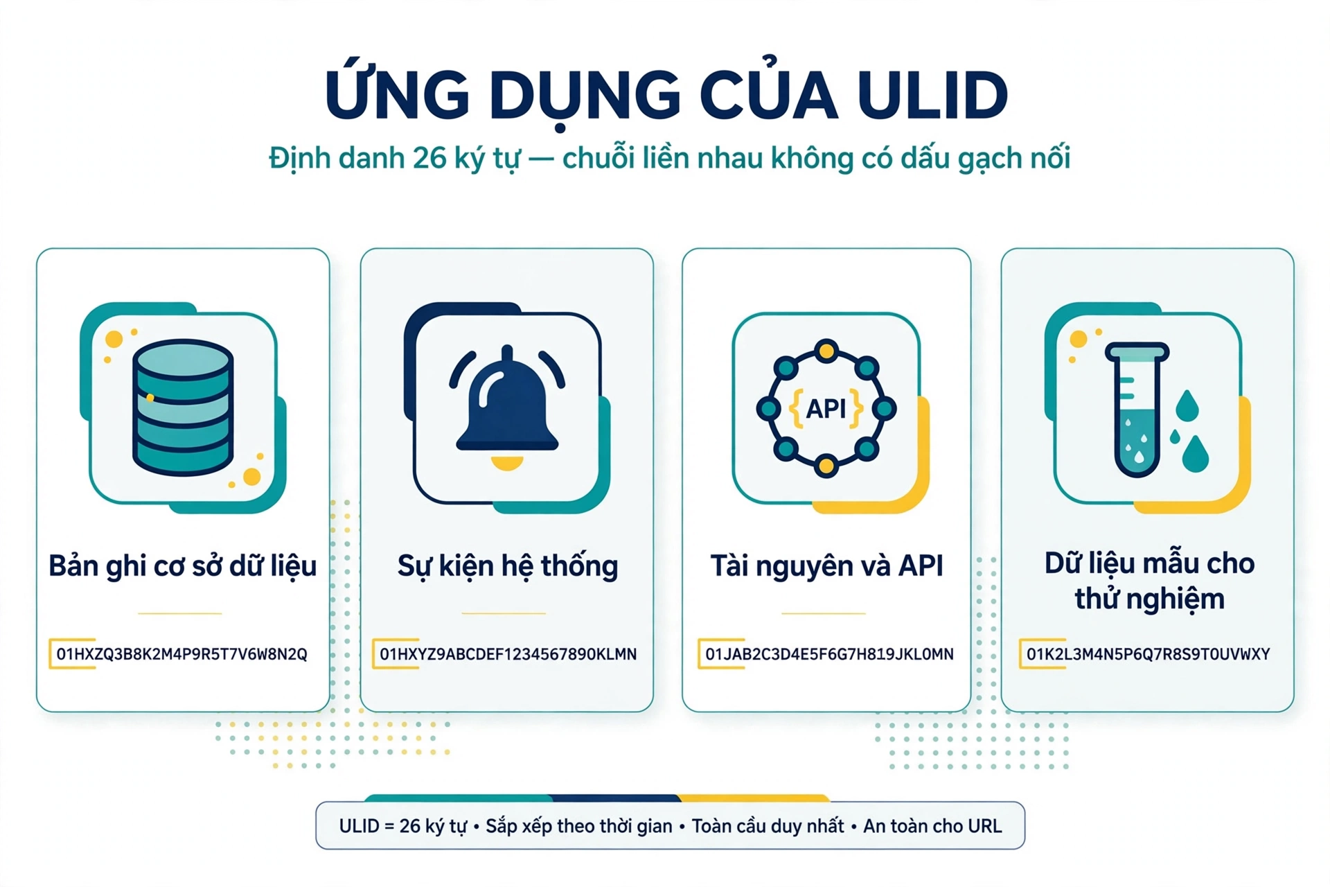 Các ứng dụng của ULID làm mã định danh cho bản ghi cơ sở dữ liệu, sự kiện hệ thống, tài nguyên qua API và dữ liệu mẫu cho thử nghiệm, dùng chuỗi 26 ký tự liền nhau không dấu gạch nối
