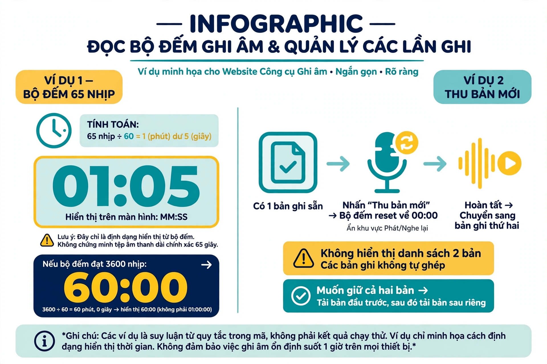 Ví dụ đọc bộ đếm gồm giả định phiên ghi thành công và bộ đếm đã tăng 65 nhịp thì phần nguyên của 65 chia 60 là 1, số dư là 5 và sau khi thêm số không ở đầu màn hình hiển thị 01:05 nhưng điều này không chứng minh tệp dài chính xác 65 giây, và nếu bộ đếm đạt 3600 nhịp thì phần phút bằng 60 và phần giây bằng 0 nên kết quả là 60:00 chứ không phải 01:00:00 với ví dụ chỉ minh họa cách định dạng và không xác nhận khả năng ghi ổn định suốt một giờ trên thiết bị nào; thu bản mới sau khi đã có một bản ghi thì phiên mới đặt bộ đếm về đầu và ẩn khu vực phát, sau khi hoàn tất bản nghe lại chuyển sang bản ghi thứ hai, không xuất hiện danh sách hai bản và chúng không được tự ghép nên muốn giữ cả hai cần tải bản đầu trước rồi tải riêng bản sau; các ví dụ là suy luận từ quy tắc trong mã, không phải kết quả chạy thử