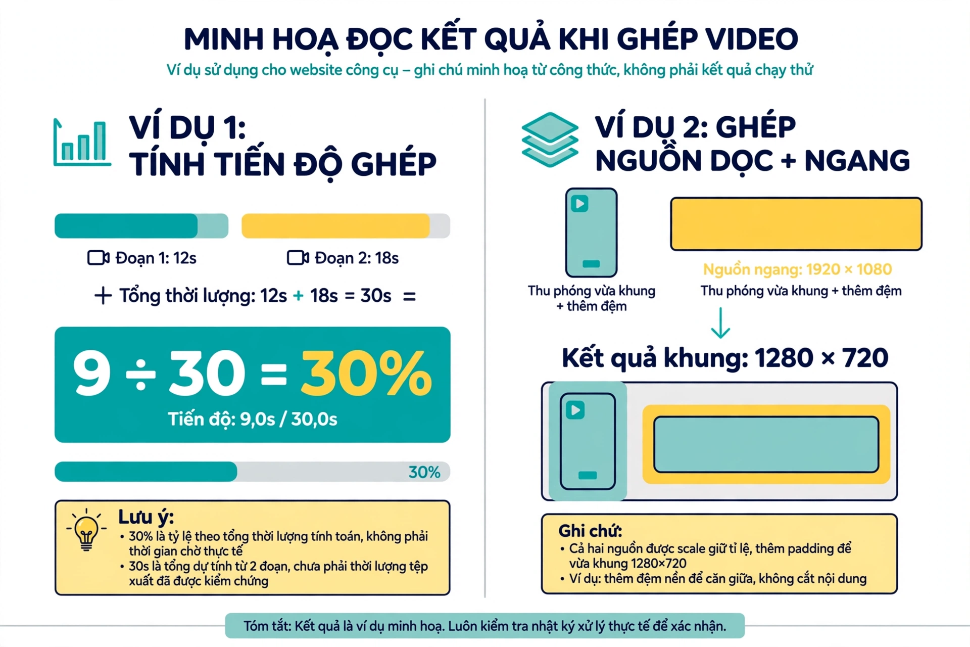 Ví dụ đọc kết quả gồm hai đoạn dài 12 giây và 18 giây cho tổng thời lượng tiến độ 30 giây nên nhật ký xử lý báo đã xử lý 9 giây tương ứng phép tính 9 chia 30 nhân 100 bằng 30 phần trăm của tổng thời lượng đọc được, nhưng không nên hiểu 30 phần trăm là đã dùng ba phần mười thời gian chờ thực tế hoặc coi 30 giây là thời lượng tệp xuất đã được kiểm chứng; cùng ví dụ ghép một nguồn dọc 1080 nhân 1920 pixel với một nguồn ngang 1920 nhân 1080 pixel trong đó cả hai được thu phóng vừa khung đã chọn và thêm đệm thay vì kéo méo; các ví dụ là suy ra từ công thức, không phải kết quả chạy thử