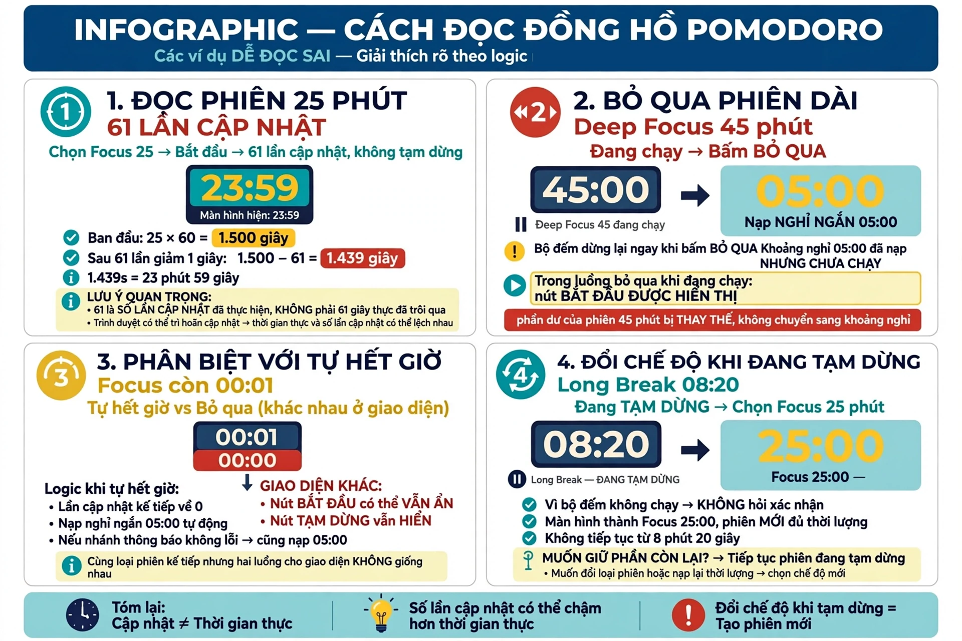 Ví dụ đọc đồng hồ và xử lý tình huống gồm đọc thời gian còn lại của phiên 25 phút với giả sử bạn chọn Focus 25 phút, bắt đầu và bộ hẹn giờ đã thực hiện đúng 61 lần cập nhật, không có tạm dừng, ban đầu có 25 nhân 60 bằng 1.500 giây, sau 61 lần giảm một giây, phần còn lại là 1.500 trừ 61 bằng 1.439 giây, tương ứng 23 phút 59 giây, màn hình vì thế hiển thị 23:59, đây là kết quả suy ra từ quy tắc trong mã, không phải kết quả chạy thử, giả định nói về số lần cập nhật đã thực hiện, không bảo đảm rằng đúng 61 giây ngoài thực tế đã trôi qua, nếu trình duyệt trì hoãn cập nhật, hai khoảng thời gian có thể không trùng nhau; bỏ qua một phiên tập trung dài với giả sử Deep Focus 45 phút đang chạy ở giao diện thường và bạn bỏ qua phiên, bộ đếm hiện tại dừng, sau đó công cụ nạp Short Break với 05:00, khoảng nghỉ chưa chạy, trong luồng bỏ qua khi đang chạy này, nút bắt đầu được hiển thị, phần thời gian còn dư của phiên 45 phút bị thay thế, không được chuyển sang khoảng nghỉ, cần phân biệt tình huống trên với tự hết giờ khi nếu Focus còn 00:01, lần cập nhật kế tiếp đưa về không và nhánh thông báo không lỗi, công cụ cũng nạp nghỉ ngắn 05:00, tuy nhiên do thứ tự cập nhật trạng thái, nút bắt đầu có thể vẫn ẩn còn nút tạm dừng vẫn hiện, cùng loại phiên kế tiếp không có nghĩa là hai luồng cho giao diện giống nhau; đổi chế độ khi đang tạm dừng với giả sử Long Break đang tạm dừng tại 08:20 và bạn chọn Focus 25 phút, vì bộ đếm không chạy, công cụ không hỏi xác nhận đổi chế độ, màn hình chuyển thành Focus 25:00, chờ bắt đầu, đây là một phiên mới có đủ thời lượng, không phải tiếp tục từ 8 phút 20 giây của khoảng nghỉ