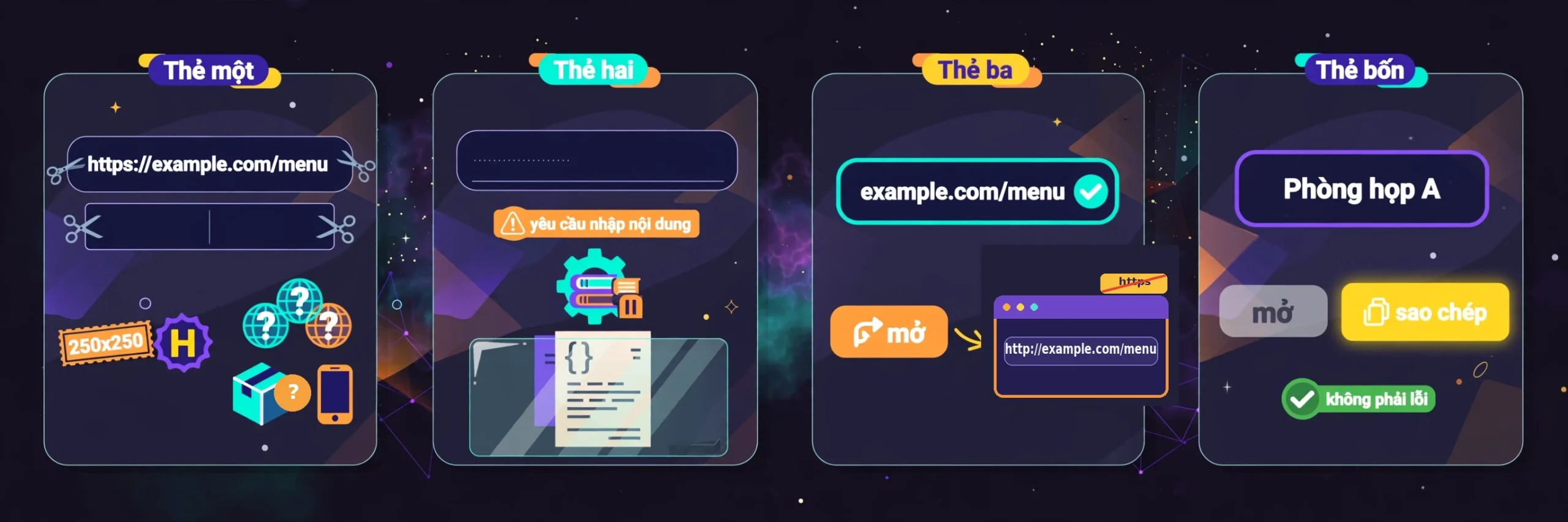 Ví dụ tạo mã QR từ liên kết https://example.com/menu sau khi cắt khoảng trắng và ví dụ quét được example.com/menu hiện nút mở liên kết còn quét được Phòng họp A thì không
