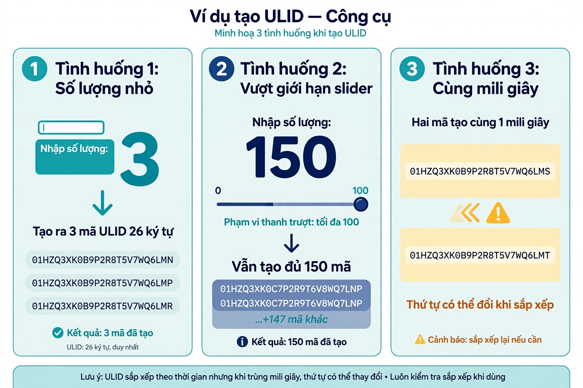 Ba ví dụ dùng trình tạo ULID: nhập 3 tạo ra 3 mã 26 ký tự, nhập 150 vẫn tạo đủ 150 mã dù thanh trượt tối đa 100, và hai mã tạo cùng mili giây có thể đổi thứ tự khi sắp xếp