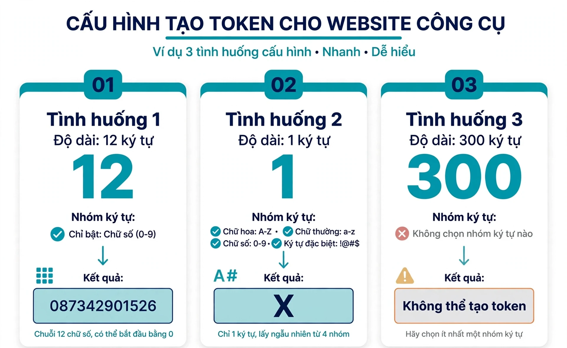 Ba ví dụ cấu hình trình tạo token: token 12 ký tự chỉ gồm chữ số có thể bắt đầu bằng số 0, token một ký tự khi bật đủ bốn nhóm, và độ dài 300 ký tự cùng trạng thái không chọn nhóm ký tự nào